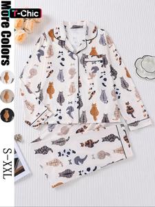 Women's Cute Cat Print Pajama Set, Long Sleeve Lapel Top & Elastic Pants, Comfortable Fall Winter Sleepwear, Casual Home Wear