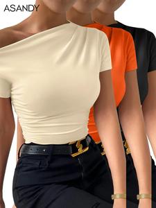 Women's Plain Ruched Asymmetrical Neck Tee, Casual Elegant Short Sleeve T-shirt for Summer, Ladies Summer Clothes for Daily Wear, Clothes for Women, Workwear Bradford, Clothes for Women, Womenswear, Cozy Fabric