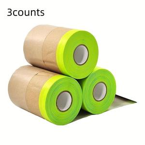 Pre-taped Masking Paper (3 Rolls), Paint Tape, Self Adhesive Tape Paper for Painting, Covering, Sealing, DIY Art Supplies