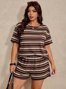 Women's Plus Size Retro Striped Drop Shoulder T-Shirt and Shorts Set, Comfortable Home Wear, Casual Fashion for Night Out, Striped Lounge Set