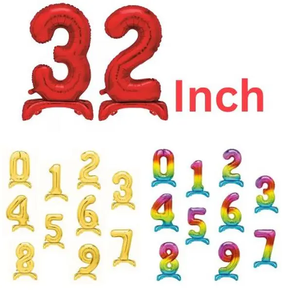 32 inch Large Red, Gold, Rainbow Free Standing Balloons Number Foil Baloons
