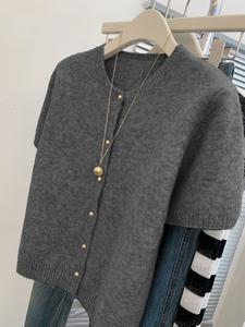 Women's Loose-Fitting Wool Sweater Coat, Slimming Round Neck Knit Top, Short Sleeve Cashmere Pullover for Women