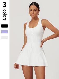 Women's 2 in 1 Zipper Sports Dress, Solid Sleeveless U Neck Short Dress for Outdoor Running Gym Workout, Ladies Sportswear for All Seasons