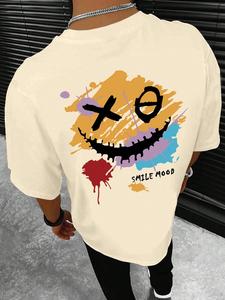 【Plus Size】 Cartoon Smile Face Print Short Sleeve Graphic Tee, Casual Fashion Round Neck T-shirt for Summer, Men's Clothing for Daily Wear