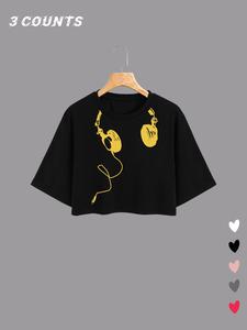 Unisex's Headphone Print Round Neck Tee, Fashion Casual Crew Neck Short Sleeve T-shirt for Daily Holiday Vacation Outdoor Wear, Unisex Top for All Seasons, Women