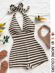 Women's Vacation Style Striped Crochet Knit Halter Jumpsuit, Deep V Neck Backless Tie Waist Short Pants, Beach Cruise Date