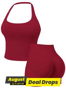 Two-piece Set Women's Solid Color Halter Top & High Waist Shorts Sports Sets, Sporty Breathable Quick Drying Outfits for Yoga Gym Running, Ladies Sportswear for Summer, Sports Fitness Wear, Sweatsuit Set, Yoga Tracksuit Set, Stylish Activewear