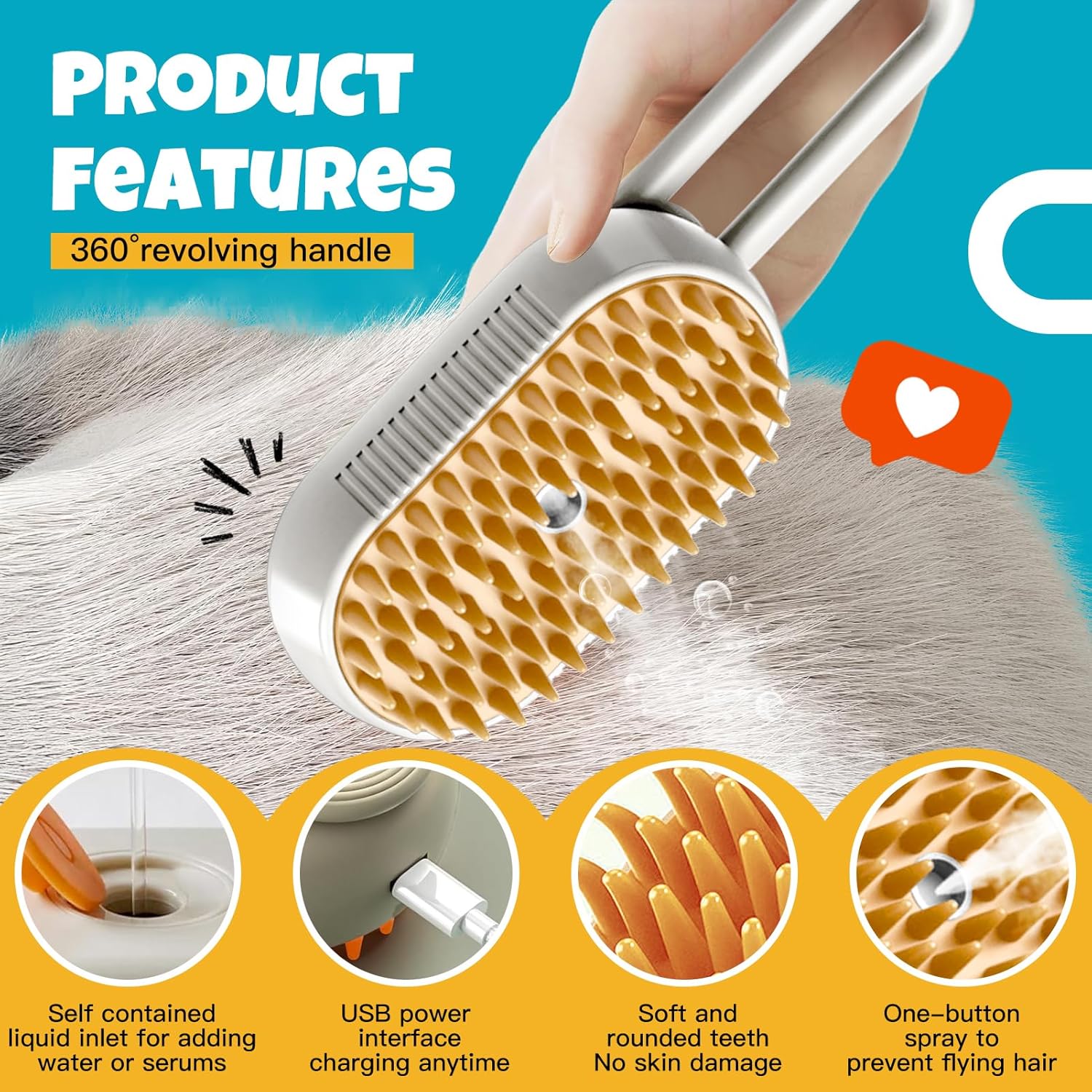 3 in 1 Pet Steam Brush, Pet Hair Removal Brush, Rechargeable Steam Brush, Dog & Cat Pet Hair Removal Comb, Self Cleaning Steam Pet Brush for Massage, Multifunctional Pet Grooming Brush, Black Dogs & Cats Accessories Slicker Tool Deshedding