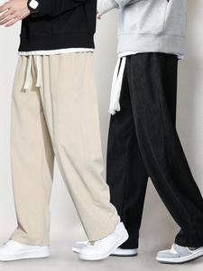 Men's Solid Drawstring Waist Corduroy Pants, Casual Comfy Anti-wrinkle Drape Straight Leg Trousers for Fall & Winter, Men's Bottoms for Daily Wear