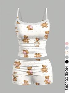Two-Piece Set Women's Cartoon Bear Print Cami Top & Shorts, Casual Cute Top & Shorts for Summer, Ladies Clothes for Daily Wear