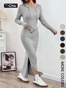 Women's Hooded Drawstring Slim Fit Long Sleeve Knit Dress, Casual Fall Winter Fashion, Ladies' Clothing for Daily Wear