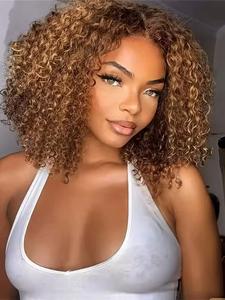 4/27 Highlight Honey Blonde Human Hair Closure Lace Bob Curly Wig, Deep Curly Virgin Human Hair 180 Density Glueless Lace Frontal Transparent Lace Wigs for Black Women