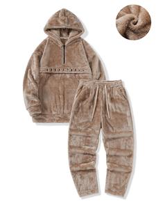 Two-Piece Set Men's Letter Embroidery Fuzzy Half Zip Hoodie & Drawstring Waist Pants Set, Loose Casual Long Sleeve Hooded Sweatshirt & Pocket Trousers, Men's Fall & Winter Clothes