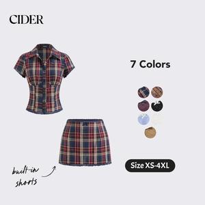 Cider [2 colors, size 6-16] Cotton Plaid Collar Short Sleeve Blouse & Mid Rise Lace Trim Bowknot Mini Skort Set