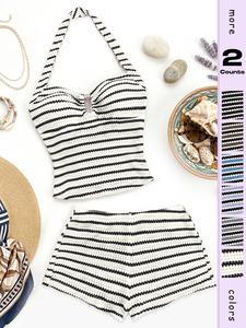 Women's Summer Two-Piece Set Striped Halter Top Mini Shorts, Casual Beach Vacation Wear, Stylish Ladies' Clothing