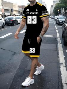 Men's Letter & Number Print Short Sleeve Tee & Shorts Set, Regular Fit Casual Round Neck T-shirt & Track Shorts, Men's Two-piece Outfits for All Seasons