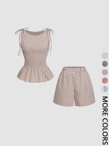 Women's Gingham Check Textured Woven Tank Top & Shorts Set, Tie Shoulder Straps, Smocked Waist, Peplum Hem, Elastic Waistband, Breathable Lightweight Fabric, Daily Casual Vacation Home Leisure Women's Wear  2 Piece