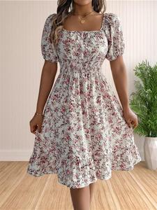 Women's Ditsy Floral Print Shirred Ruffle Hem A Line Dress, Boho Fashion Square Neck Puff Sleeve Knee Length Dress for Holiday Vacation Daily Wear, Ladies Dress for Summer