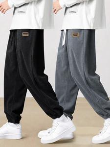 Men's Letter Patched Waist Corduroy Pants, Casual Comfy Straight Leg Trousers for Fall & Winter, Men's Bottoms for Daily Wear