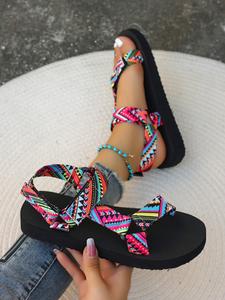 Women's Boho Style Colorful Strap Flat Sandals, Casual Trendy Thick Soled Sandals, Fashionable Multicolor Bohemian Trending Sandals for Summer Beach Vacation, Unique Gifts for Women, Footwear
