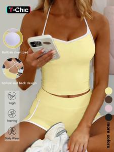 Women's High-Waisted Cross-Back Shorts, Casual Sportswear Set, Colorblock Trim Design, Perfect for Running, Fitness, Yoga, Gym Outfit