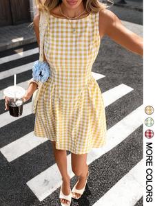 Women's Gingham Check Sleeveless Mini Dress, Round Neck, Open Back, Waist Tie Belt, A-Line Flared Skirt, Light crinkled woven fabric, Daily Casual Brunch Picnic Vacation Date Wear