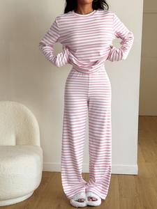 Pink White Striped Two Piece Lounge Set Womens Long Sleeve Crew Neck Top High Waist Wide Leg Pants Soft Stretch Pajama Set Cozy Casual Homewear Sleepwear Daily Relaxed Matching Outfit