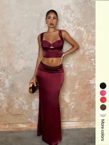 Women's Solid Color Lace Inner Top & Sleeveless Crop Top & Long Skirt Three-piece Set, Elegant Fashion Casual Three Piece Outfits for Daily Outdoor Wear, Ladies Clothes for Summer