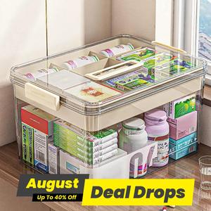 Transparent Medicine Storage Box with Handle, 1/2 Counts Large Capacity Plastic Pills Box, Storage Cabinet Organizer, Household Portable Sundries Organizing Storage Box, Multi Grids Organizer, Lightweight Home Organizer Tool, Plastic Storage Bins