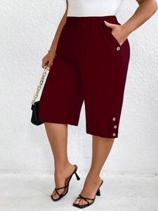 Elegant Plus Size Solid Color Elastic Waist Slant Pocket 7/8 Pants, Comfortable High Stretch Women's Casual Trousers
