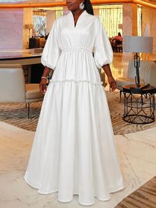 Women's Plain Frill Trim V Neck A Line Dress, Elegant Bishop Sleeve Zipper Back Maxi Dress for Party Holiday Wedding Guest, Ladies Clothes for All Seasons