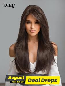 24 Inch Long Layered Straight Wigs for Women, Natural Looking Gorgeous Synthetic Hair Fluffy Wigs with Side-swept Bangs, Synthetic Lace Front Wigs for Party Photography, Daily Use