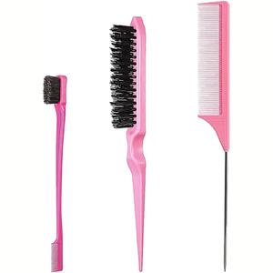 Hair Styling Comb Set, 3 Pieces Hair Brush, Teasing Comb, Double Sided Hair Edge Brush, Rat Tail Comb, Plastic Bristle Hair Brush, for Hair Slicking Black