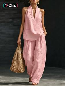 Women's 2-Piece Set, Solid Color Halter V-Neck Sleeveless Casual, Women's Sleeveless Top and Wide Leg Pants Two-Piece Set