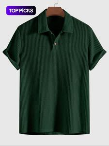 Men's Classic Plain Jacquard Knit Polo Shirt, Polo Style Regular Fit Fitted Casual Short Sleeve Button Front Green Top for Summer, Fashion Menswear Clothes for Daily Wear