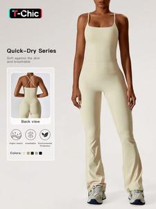 Two-Piece Set Women's Solid Criss Cross Backless Cami Top & Flare Leg Pants Tracksuit Set, Fitness Activewear, Summer Outfits 2024, Ruched Sleeveless Spaghetti Strap Top & Trousers, Ladies Sportswear for Yoga Gym Workout, Sportswear For Training