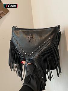 Women's Fashionable Tassel Design Cross Patched Decor Crossbody Bag, Casual Solid Color Pu Leather Zipper Shoulder Bag with Adjustable Strap for Daily Used, Trendy All-match Bag