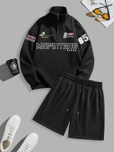 Men's Letter Print Zip Up Sweatshirt & Shorts Two-piece Set, Casual Long Sleeve Pullover & Track Shorts for Spring & Fall, Fashion Men's Two-piece Outfits for Daily Wear