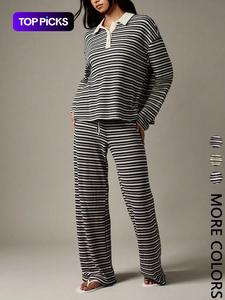 Women's Off-Set Striped Long Sleeve Top & Wide Leg Pants Set, Fall Winter Knit Loungewear, Comfortable Casual Streetwear