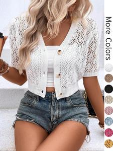Women's Plain Hollow Out Button Front Sweater Crop Cardigan without Bottom & Inner Top, Lady Casual Short Sleeve Vneck Cardigan for Summer, Fashion Women's Knitwear for Daily Wear, Knitting Womenswear