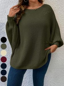 【Plus Size】 Solid Batwing Sleeve Boat Neck Sweater, Casual Long Sleeve Jumper for Fall & Winter, Women's Plus Clothing for Daily Wear