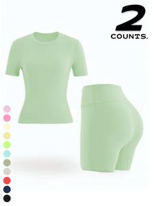 New Women's Sportswear Set Short Sleeve Top + Shorts Combo, Slim-Fitting Summer for Yoga, Gym, Outdoor Sports, Casual Wear