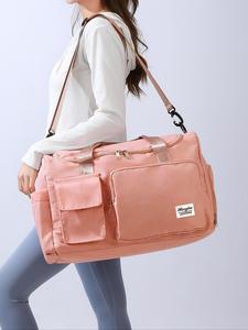Women's Fashion Large Capacity Travel Bag, Travel Duffle Bag, Solid Color Letter Patch Zipper Pocket Travel Bag, Casual Lightweight Travel Bag for Gym & Short Business Trips, Travel Duffels, Style Duffle Bag