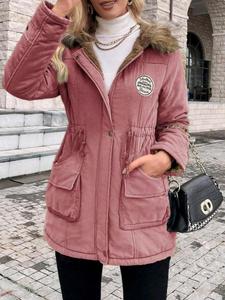 Women's Letter Patched Pocket Button Front Fuzzy Trim Hooded Winter Coat, Casual Drawstring Long Sleeve Zipper Thermal Lined Hooded Outerwear for Winter, Ladies Clothes for Daily Wear