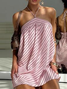 Women's Striped Print Halter Neck Casual Chic Dress, Sleeveless Short Dress for Summer, Ladies Clothes for Daily Wear, Going Out Dresses, Womenswear, Holiday Dresses, Striped Printed Dress