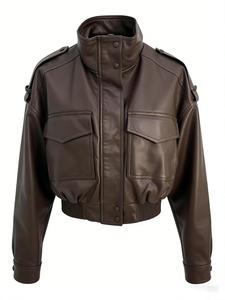 Women's Shiny Faux Leather Aviator Jacket, Stand Collar Long Sleeve Zipper Pocket Design, Casual Elastic Hem Short Coat