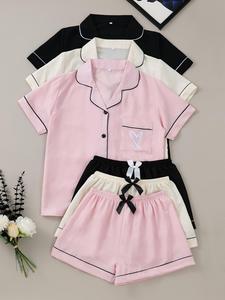 Women's Heart Embroidery Short Sleeve Top & Shorts Pyjama Set, Casual Comfy Pj Set for Women, Women's Sleepwear for All Seasons, Sleepwear Pajamas Set