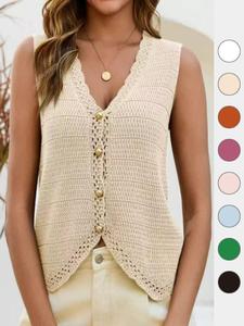 【Plus Size】 Solid Color Knit Tank Top, Casual Sleeveless V Neck Knitwear for Summer, Women's Plus Size Clothing for Daily Wear