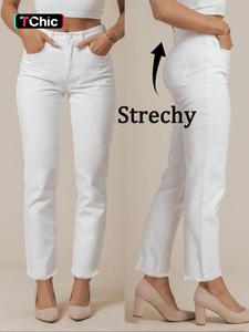 High Elasticity Mid-Waist Straight Leg Jeans, Casual Loose-Fitting Denim Jeans for All Seasons, Plain Style Women's Fashion