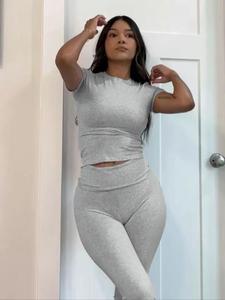 Women's Solid Round Neck Crop Top & Skinny Pants Loungewear Set, Summer Outfits 2024, Casual Comfy Pyjama Set for Women, Comfy Loungewear Set for Women Home Wear, Pyjamas for Women